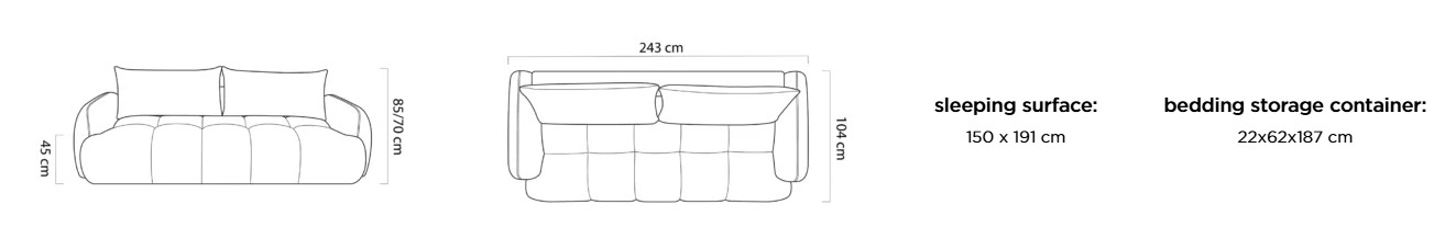 Rozmerový nákres sedačky WINTER: šírka 243 cm, hĺbka 104 cm, výška 85/70 cm, výška sedu 45 cm, spacia plocha 150 × 191 cm